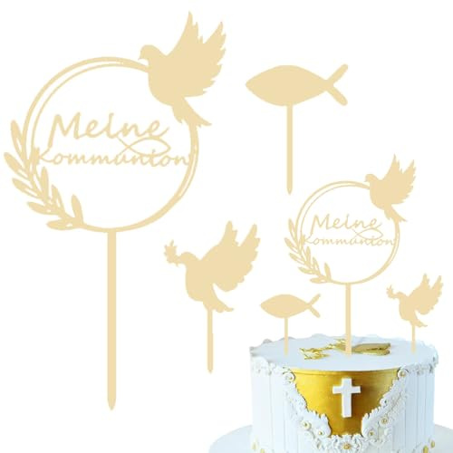 Luxorium 3-teiliges Cake Topper Kommunion Set Tortendeko aus Holz für die Erstkommunion Torte mit Fisch Taube Deko für Jungen und Mädchen(A)