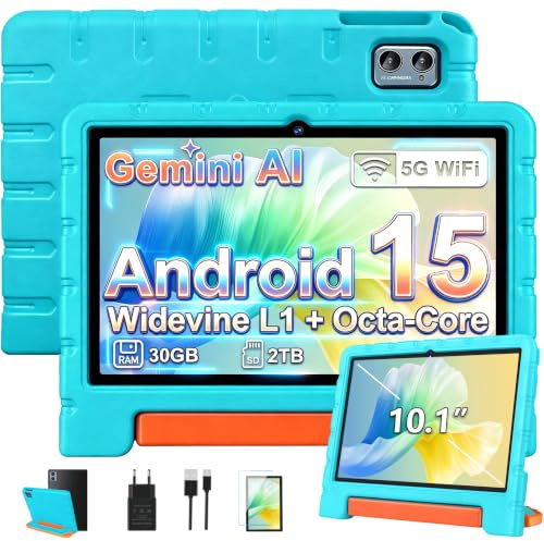 ZIOVO Tablet Bambini 10 Pollici Tablets Android 15, 30GB RAM+64GB ROM(TF 2TB), 5G WiFi Tablets,Gemini AI/Octa-Core/Widevine L1/Face ID/Parentale Controllo/6000 mAh/BT 5.0, Tablet con Eva Caso-Verde