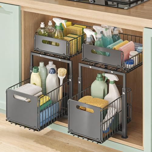 Utensy Küchenschrank Organizer, Schrank Organizer mit 2 Etagen, Metall Unterschrank Küchenregal für Arbeitsplatte und Unterspüle, platzsparender Küchen Organizer für Küche und Badezimmer (2 Stück)