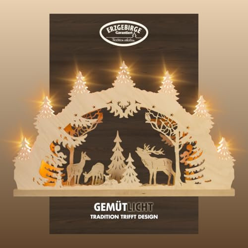 WEIGLA - Schwibbogen original Erzgebirge I Lichterbogen Weihnachten I Motiv Hirschfamilie I 7 Lampenkerzen + 1 Ersatzlampe I 7 x 34 V, 3 W, E10 I beleuchtete Weihnachtsdeko innen