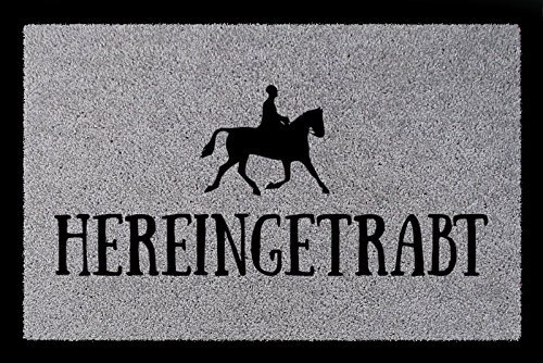 Interluxe TÜRMATTE Fußmatte HEREINGETRABT Hobby Reiten Pferd Stall Türvorleger Geschenk Hellgrau