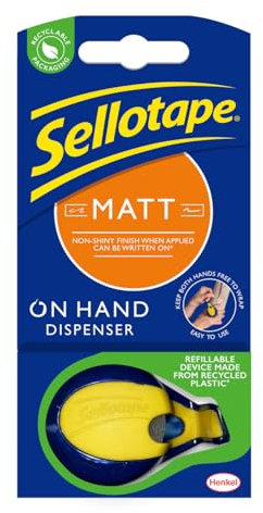 Sellotape On-Hand Dispenser with Invisible Matt Tape, Both hands free for crafting and wrapping, Includes Refillable Dispenser & Invisible Matt Tape Roll (18mm x 15m)