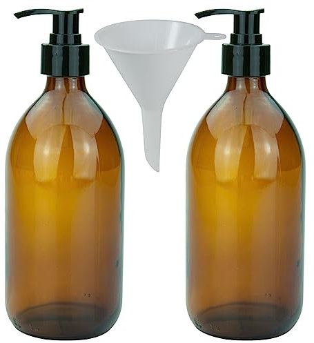 mikken Lot de 2 distributeurs de Savon 500 ML en Verre ambré, sans BPA, adaptés à Un Usage Alimentaire avec 1 Entonnoir