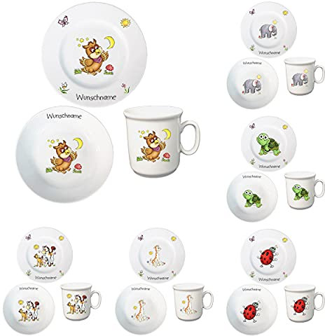 Kindergeschirr personalisiert - Frühstücksservice 3-tlg. Porzellan Teller Becher Schale personalisierbar mit Wunschname Name Frühstücksset mit Namen personalisiert (Eule)
