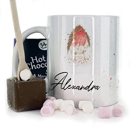 Hairyworm Personalised Mug and Belgian Milk Chocolate/Hot Chocolate Stirrer Marshmallow Gift Set, Custom Name (11oz) White, Yellow, Blue, Black, Pink, Red Robin Design Robin Mug