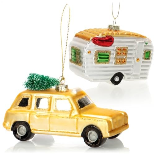 com-four® 2X Christbaumschmuck - Auto und Wohnwagen aus echtem Glas - Baumkugeln für die Weihnachtsdeko - extravagante Weihnachtsbaum-Anhänger (2 Stück - Auto. Wohnwagen)