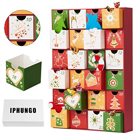 Adventskalender zum Befüllen Kinder, Stoff-Adventskalender, Filz Adventskalender Santa, XXL Adventskalender Taschen, Weihnachtskalender zum Befüllen Kinder- Rot