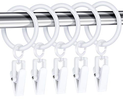 Jetec 30 Stücke Vorhangringe mit 30 Stück Vorhangclips Kunststoff Duschvorhangstange Clip Ringe Dekorativer Vorhangring mit Clip für Fenstervorhang, 30 mm (Weiß)