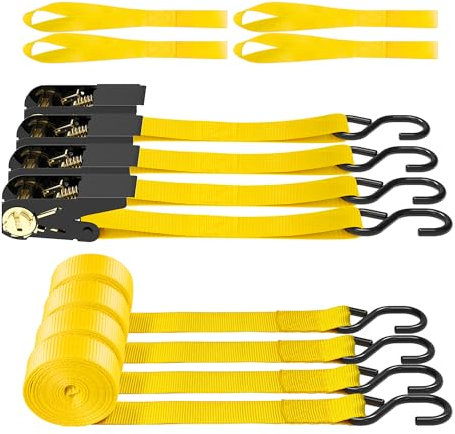 AWELCRAFT Ratchet Straps, 1500 lbs Breaking Strength - Premium 4X 15ft Tie Down Strap Set, 4X Soft Loops for Moving Appliances, Lawn Equipment, Motorcycle (Yellow)