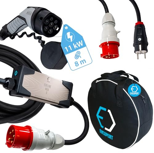 EVEXPERT Smart EV Ladegerät und Mobile Ladestation mit Display für Elektroautos & PHEV - Typ 2 - CEE 5-polig - 3 phasig - Inkl. Tasche - EV Charger (16A - 11kW, 8M)