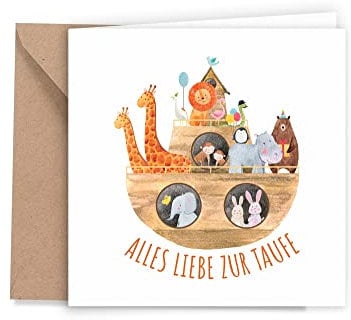 Friendly Fox Karte zur Taufe Arche Noah, 1x quadratische Taufkarte mit Umschlag, zur Taufe Arche Noah, Klappkarte