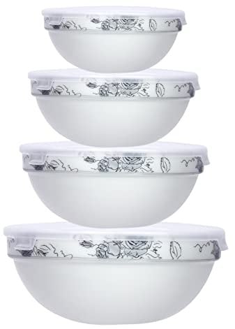Glass Bowls with Lids White Set of 4 Opal Glass Serving Storage Bowl Nesting Salad Food Stackable for Meal Prep Leftovers Baking Cooking Kitchen, Microwave and Dishwasher Safe (Black Floral)