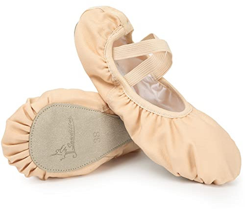 Soudittur Ballettschuhe Mädchen Ballettschläppchen Damen Tanzschuhe Gymnastikschuhe Yogaschuhe Geteilte Ledersohle für Kinder und Erwachsene (Beige, Numeric_27)