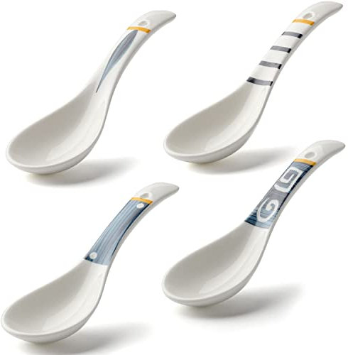 Lot de 4 cuillères à soupe asiatiques en céramique - Cuillères à ramen japonaises en porcelaine - Cuillères à soupe chinoises pour nouilles ramen Pho mélange avec Udon