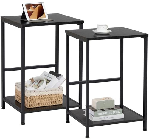 AMHANCIBLE Side Tables Set of 2, 2-Tier Sofa Side Tables, Bedside Tables with Steel Frames, Coffee Table, Small End Table for Small Spaces, Modern Nightstand for Living Room, Bedroom, Black HET03SQBK