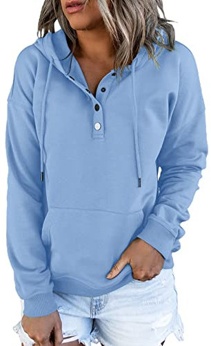 Dokotoo Kapuzenpullover Damen Knopfleiste Hoodie Pullover Langarm Herbst Winter Sweatshirt Oberteil Pulli, himmelblau, XL