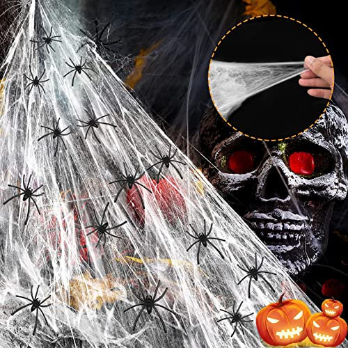 AOMAIGAD Halloween Deko Spinnennetz, 200g Deko Dehnbaren Spinnweben Dekoration in Weiss mit 40 Schwarzen Horrorspinnen, Spinnennetz Deko Halloween, Dekoration Satz for Halloween Party