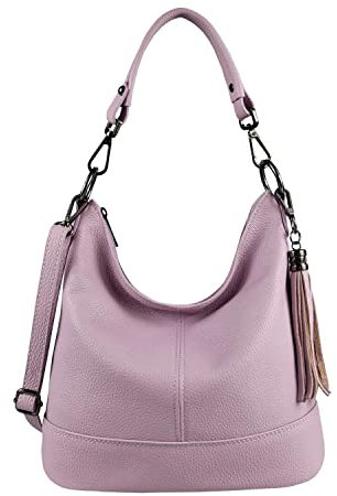 OBC Made in Italy Damen Leder Tasche Umhängetasche Shopper Schultertasche Handtasche Crossbody Hobo Bag Crossover Ledertasche Damentasche Fransen Flieder
