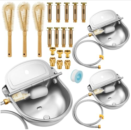Tessco for you 3 Sets 4L/135oz Automatic Animal Water Bowl with Float Valve Stainless Steel Drinking Trough for Animals Livestock Horse Waterer Kits Includes Hose Connectors, Countersunk Bolts(Silver)