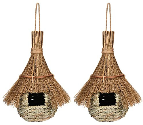 BYNYXI Vogelnest Stroh, 2 Stück Gewebte Nisttasche Vogelnest für Käfig Nistkästen für Vögel zum Aufhängen Vogelhäuser Gras Bird Nest für Wellensittich Meise Kanarienvogel Amsel Hummingbird,12cmx25cm