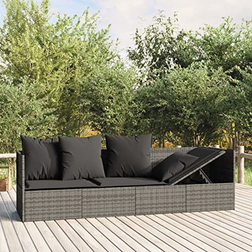 Homgoday Garten-Sofabett mit Kissen Gartensofa Gartenmöbel Loungebett Sofa Gartenbett Gartenmöbel Liege Relaxliege Sofabett für Garten Terrasse Balkon Grau und Dunkelgrau Poly Rattan