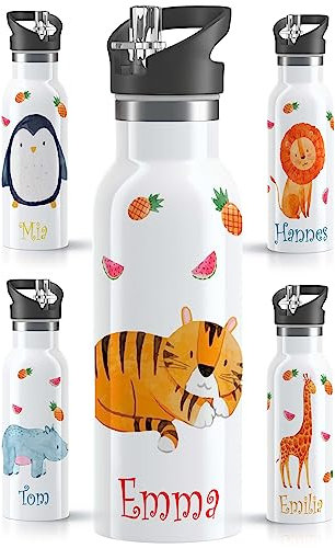 OWLBOOK® Edelstahl Trinkflasche Kinder personalisiert | Wasserflasche mit Strohhalm | 600 ml | Sportdeckel | Spülmaschinenfest | Schule Schulanfang Geschenke zur Einschulung Junge Mädchen | Tiger