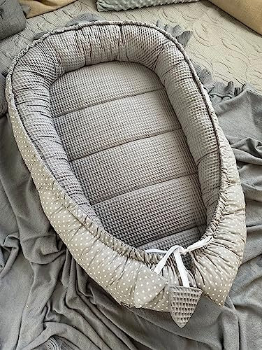 WAFFELPIQUE Grau/Mini PUNKTE Bio-Baumwolle Babynest Neugeborene Baby Unterlage Reisebett Nestchen SOLO/o. in PREMIUM Ausstattung SETS (Nestchen SOLO)