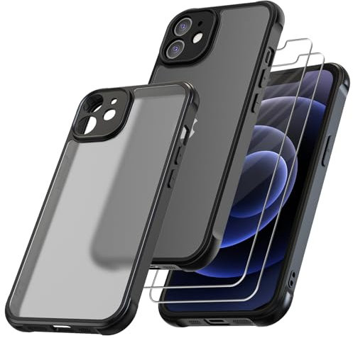 Qasyfanc Matt Handyhülle Kompatibel mit iPhone 12 Mini Hülle mit Kameraschutz und 2 Stück Schutzfolie, Hard PC Nie Vergilbung Case Militärschutz Kratzfest rutschfest Schutzhülle, Leicht Klar Schwarz