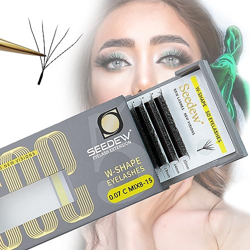 SEEDEW Extension Cils 5D, 0,07mm C Mixte 8-15mm 12Rangées/Plateau, Forme en W, PBT Méga Volume Professionnel Naturels Doux Faux Cils Greffage pour Artiste, Salon Beauté(Noir-5D-0,07-C-MIX8-15mm)