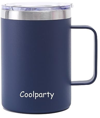 Coolparty 16oz/ 450ml Insulated Coffee Mug with Handle, Stainless Steel Travel Coffee Mug with Lid, Reusable Double Walled Camping Thermal Cup with Spill Proof Sliding Lid (Blue)