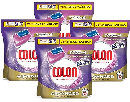 Colon Vanish Advanced Detergente para lavadora con quitamanchas, adecuado para ropa blanca y de color, Formato cápsulas - 4 x 32 lavados