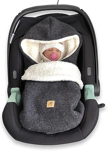 Wollwalk Einschlagdecke in anthrazit für die Babyschale mit Teddyfell Fütterung, perfekt für den Winter, für 3 oder 5 Punkt Gurtsystem