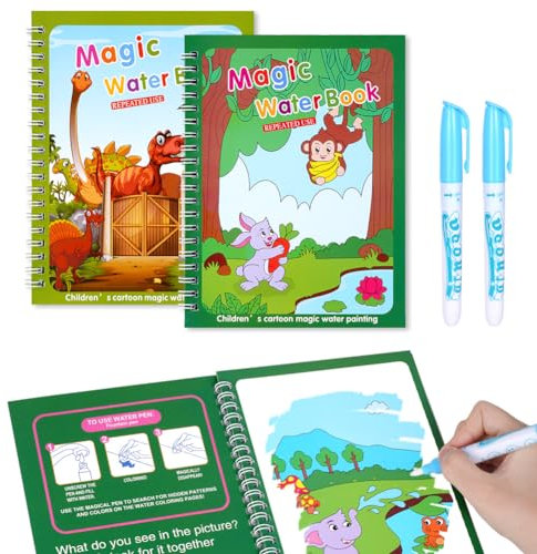OSDUE 2 Stück Wassermalbuch, Wiederverwendbar Wasser Malbuch, Magic Water Coloring Book Malbuch mit Wasserstift Wasserzauber malbuch Für Kinder 3 4 5 6 Jahre alte Jungen Mädchen