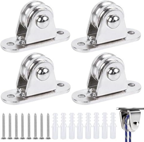 Petite Poulie Silencieuse, 4 pièces Petit Bloc de Poulie, Petit Bloc Poulie Roue Lisse, Avec 8 Vis et 8 Manchons en Plastique Blanc, Jeu de Poulies Verticales pour Corde, Corde à Linge