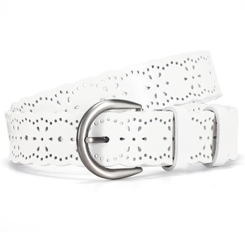 JasGood Damen Ledergürtel Hohle Blume Design Damen Gürtel mit Dornschließe für Jeans Hosen Kleider,Weiß,150cm