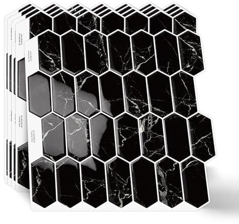 MOONFUN Long Hexagon Peel and Stick Tiles Backsplash,10 Sheets 3D Self Adhesive Wall Tile Back Splash 12 x 12 Inch for Kitchen,Bathroom (Black Marble)