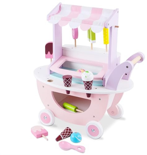 KORIMEFA Kids Ice Cream Cart, Wooden Ice Cream Set Grocery Store, Learn Role Play Food Dessert Party Game Kitchen - Christmas Birthday Toys Set for 3+ Girls Boys