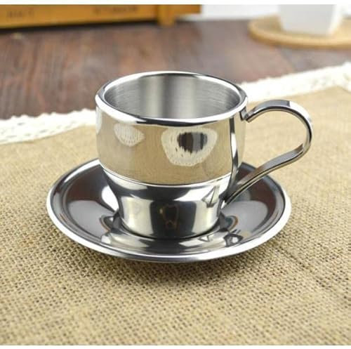 Stainless Steel Double Wall Thermo Coffee Mug for Outdoor Picnic - Insulated Metal Beer Mug with Spoon and Mat, Dishwasher Safe - 5.8cm Height, 12.5cm Spoon - Coffee, Tea, Beer,
