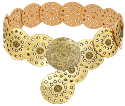 LIMHOO Breite Scheibengürtel für Damen Leder Aushöhlen Runde Gürtel Boho Western Taille Gürtel (A Kupfer Gold Groß)