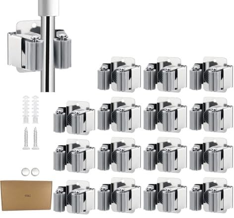 Broom Holder Wall Mount Mop Clamp Clip Hanger Stainless Steel Organizer Gripper Mounted Utility Rack with Installation Screws Self Adhesive for Shovel Handle Garden Tool (Sliver)