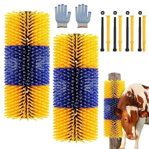 2 st boskap skrapborstar, hästklösare, full massageborste-kit, lindrar klåda på baksidan, för häst, nötkreatur, får, gris, gul