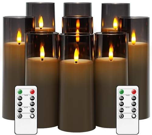 JINYANIA LED Kerzen, Acryl Flackernde Flammenlose Kerzen, Batteriebetriebene Kerzen mit Fernbedienung und Timer, Stumpenkerzen Packung von 9 (D2.3 xH 5 6 7) für Home und Feste Decor(Grau)