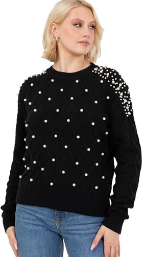 Lovedrobe Women's Crew Neck Jumper Ladies Cable Knit Long Sleeve Sweater Pearl Embellished Pullover Smart Casual Knitwear, Black 12-14