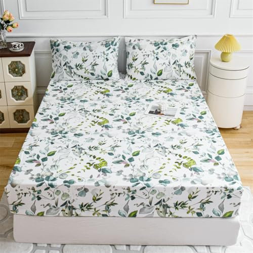 Mateju Spannbettlaken aus Mikrofaser mit Blätter Muster Weiche Bequem Spannbetttuch für Einzelbett Doppelbett Boxspringbett, Tiefe Tasche, bis 25 cm Matraze (Eukalyptusblätter,160x200cm)