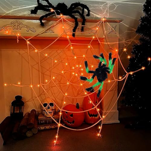 OPAHUTER 3.6M Halloween Spinnennetz Lichter mit 2 Riesenspinne, 8 Modi Spinnennetz Lichter, Halloween Spider Web Lights, Spider Webs Decoration, Riesiges Spinnennetzlicht für Halloween Partys Dekor