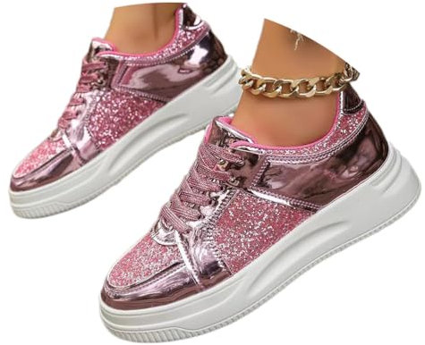shownicer Baskets à Semelle épaisse pour Femmes Été Pailleté Baskets Sneakers Confortable Respirantes Chaussures à Lacets à Bout Rond Outdoor Casual A Rose 38