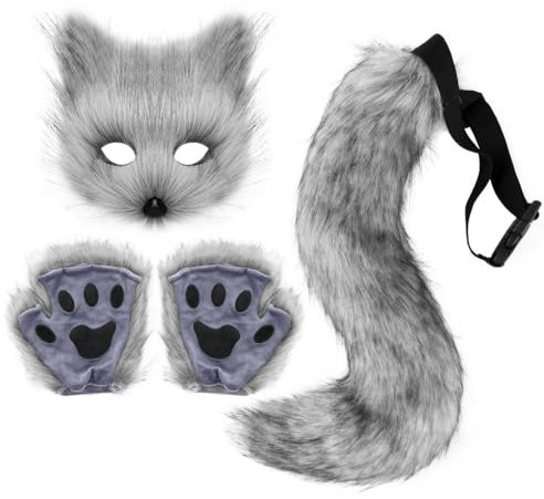 DRESHOW Cola de Zorro de Piel Sintética Peluche Gato de Lobo Máscara Disfraz de Fiesta de Halloween Guantes de la Pata Cosplay Set para Mujeres