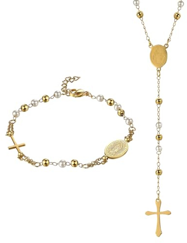 Cupimatch Collier Chapelet Croix Catholique,Jésus Chapelet Chretien avec Croix Médaille Saint Benoît pour Chrétiens Catholiques Communion Religieuse,Baptême,Messe,Bible,Amulette