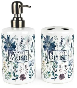 Floral Blue Bathroom Accessories Set - Pastel Blue Flowers & Foliage Gifts Refillable Ceramic Soap Pump Bottle Dispenser & Toothbrush Holder - Washrooom Home Gift Set of 2