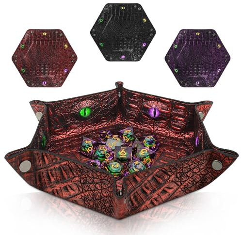 Byhoo 3 Stück Krokodilmuster DND Würfeltablett, faltbares sechseckiges Würfeltablett, Glow-in-The-Dark Eye Würfeltablett, perfekt für RPGs, DND, und Tabletop Spiele (Schwarz/Lila/Rot)